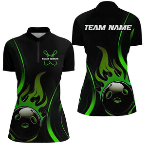 Custom Green Flame Bowling Polo Shirts For Women, Team Bowling League Shirts IPHW6987