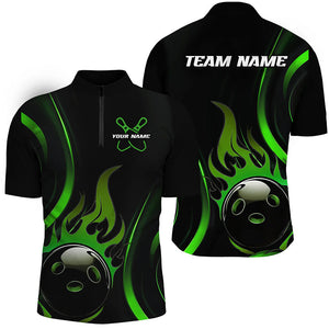 Custom Green Flame Bowling Polo Shirts For Men, Team Bowling League Shirts IPHW6987