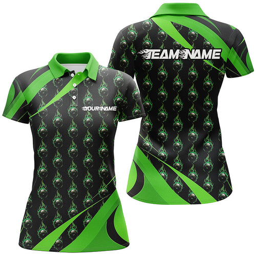 Customized Green Flame Bowling Shirts For Women, Team Bowling Jerseys With Name IPHW6991