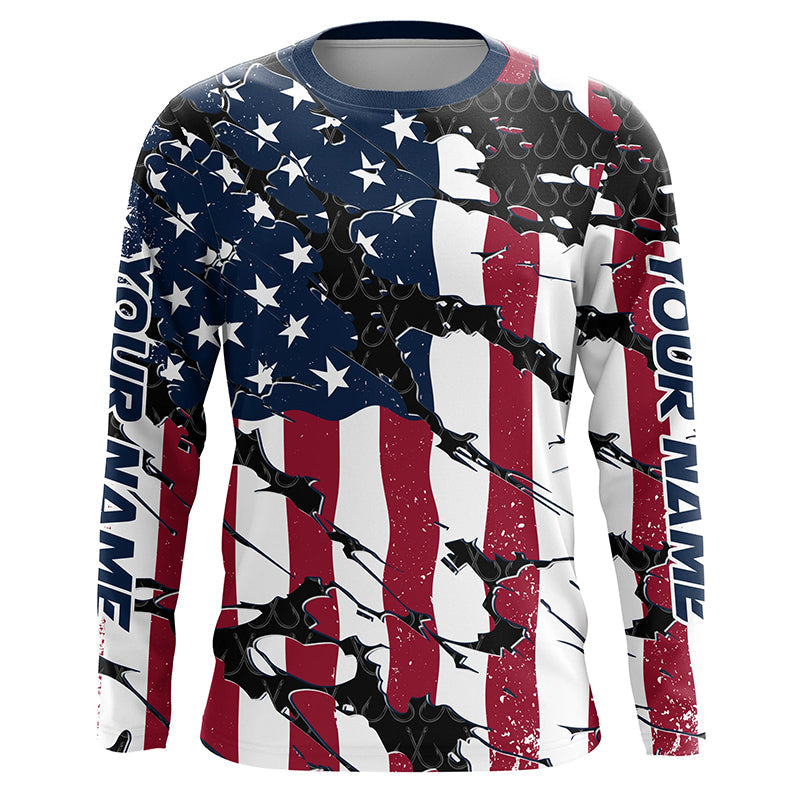 Personalized American Flag Long Sleeve Fishing Shirts Uv Protection, Patriotic Fishing Apparel IPHW6994