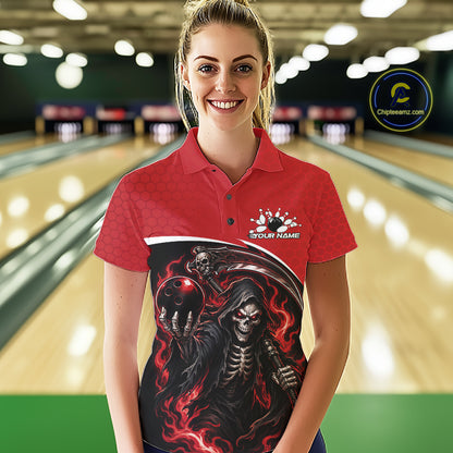 Custom Red Fire Flame Grim Reaper Skull Halloween Women Bowling Polo Shirt, Bowler Outfit IPHW11655