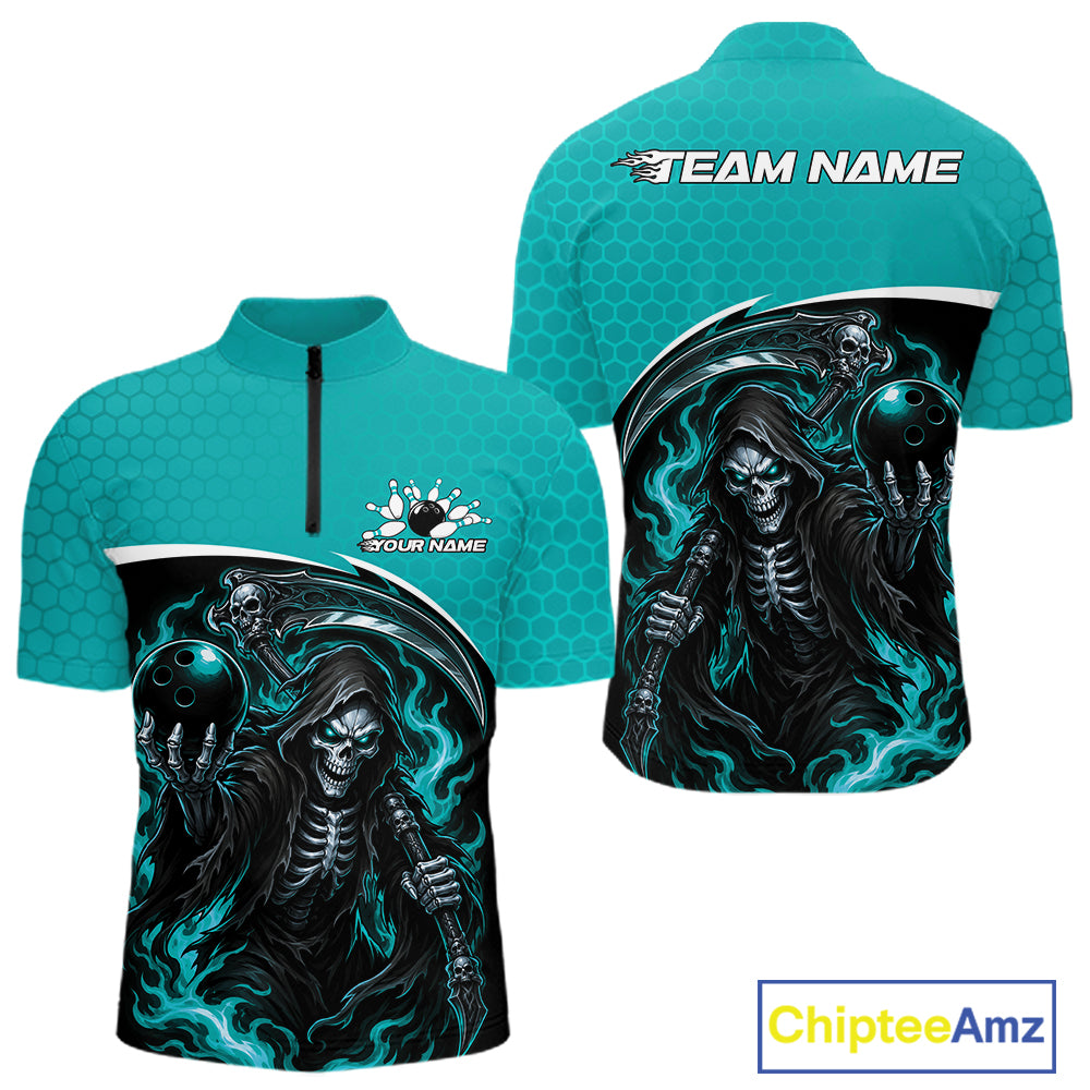 Custom Teal Blue Fire Flame Grim Reaper Skull Halloween Men Bowling Quarter Zip Shirt IPHW11656