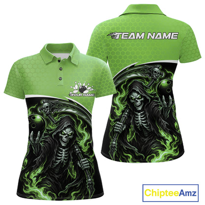 Custom Green Fire Flame Grim Reaper Skull Halloween Women Bowling Polo Shirt, Bowler Outfit IPHW11657
