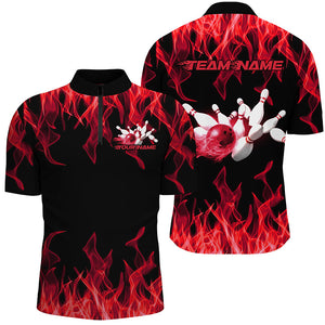 Black And Red Custom Flame Bowling Shirts For Men, Bowling Team Shirt Bowling Uniform Outfit IPHW7518