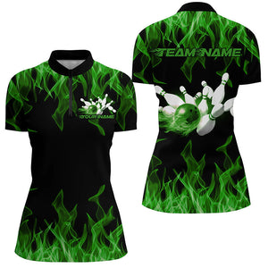 Black And Green Custom Flame Ladies Bowling Shirts, Bowling Team Shirt Bowling Uniform IPHW7519