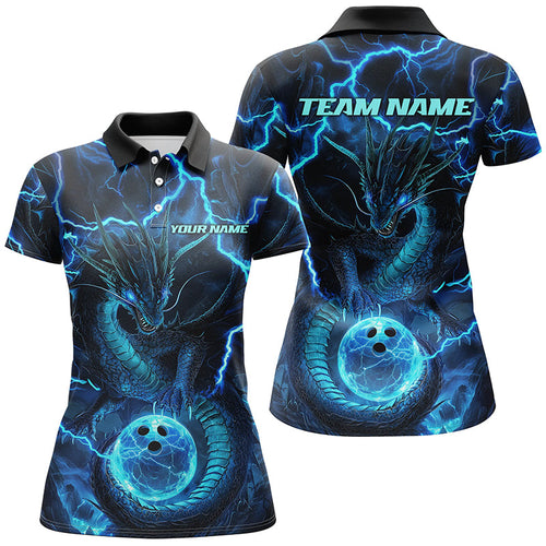 Black And Blue Thunder Lightning Custom Dragon Bowling Shirt For Women, Bowling Team Jersey IPHW7522