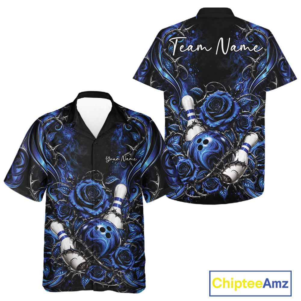 Personalized Blue Roses Bowling Team Jersey, Flower Bowling Men And Women Button Up Shirt Bowler Gift IPHW12233