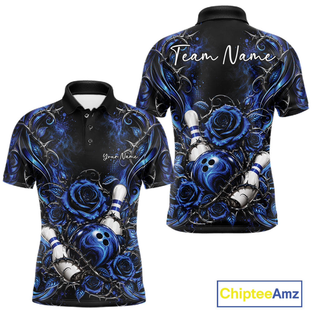 Personalized Blue Roses Bowling Team Jersey, Flower Bowling Men Polo Shirt Bowler Gift IPHW12233