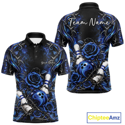 Personalized Blue Roses Bowling Team Jersey, Flower Bowling Men Polo Shirt Bowler Gift IPHW12233