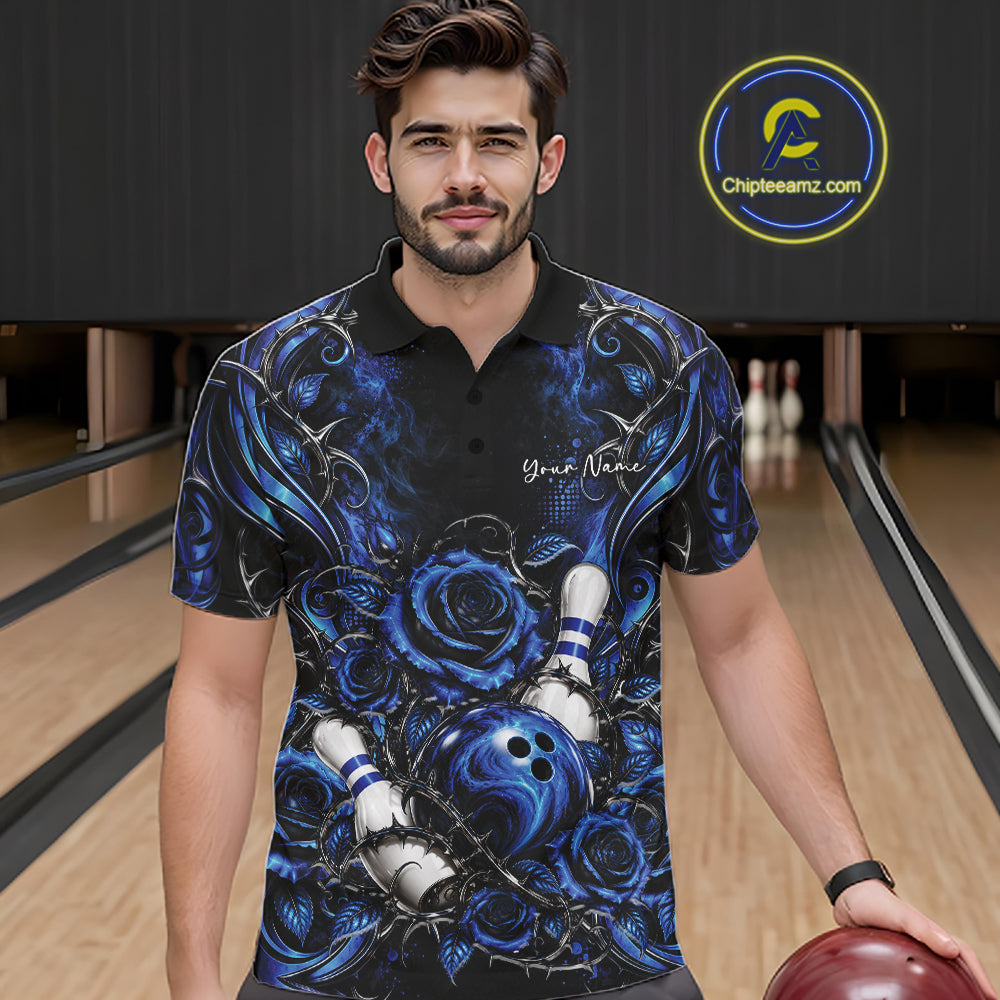 Personalized Blue Roses Bowling Team Jersey, Flower Bowling Men Polo Shirt Bowler Gift IPHW12233