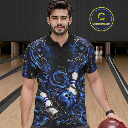 Personalized Blue Roses Bowling Team Jersey, Flower Bowling Men Polo Shirt Bowler Gift IPHW12233