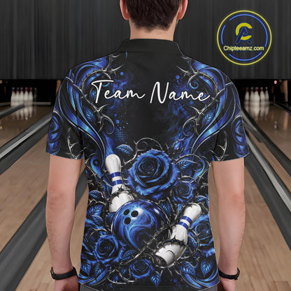 Personalized Blue Roses Bowling Team Jersey, Flower Bowling Men Polo Shirt Bowler Gift IPHW12233