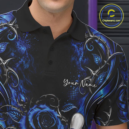Personalized Blue Roses Bowling Team Jersey, Flower Bowling Men Polo Shirt Bowler Gift IPHW12233