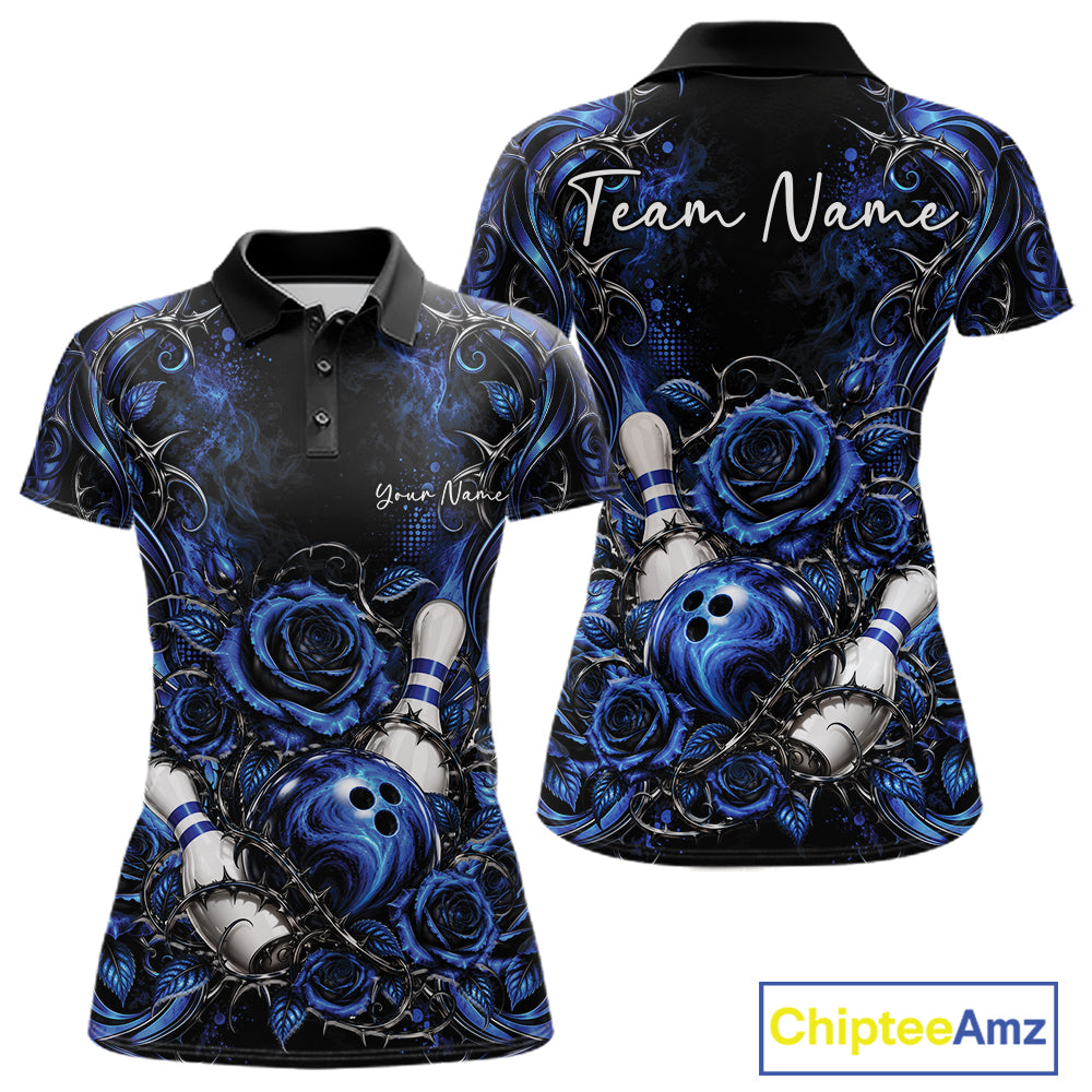 Personalized Blue Roses Bowling Team Jersey, Flower Bowling Women Polo Shirt Bowler Gift IPHW12233