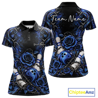 Personalized Blue Roses Bowling Team Jersey, Flower Bowling Women Polo Shirt Bowler Gift IPHW12233