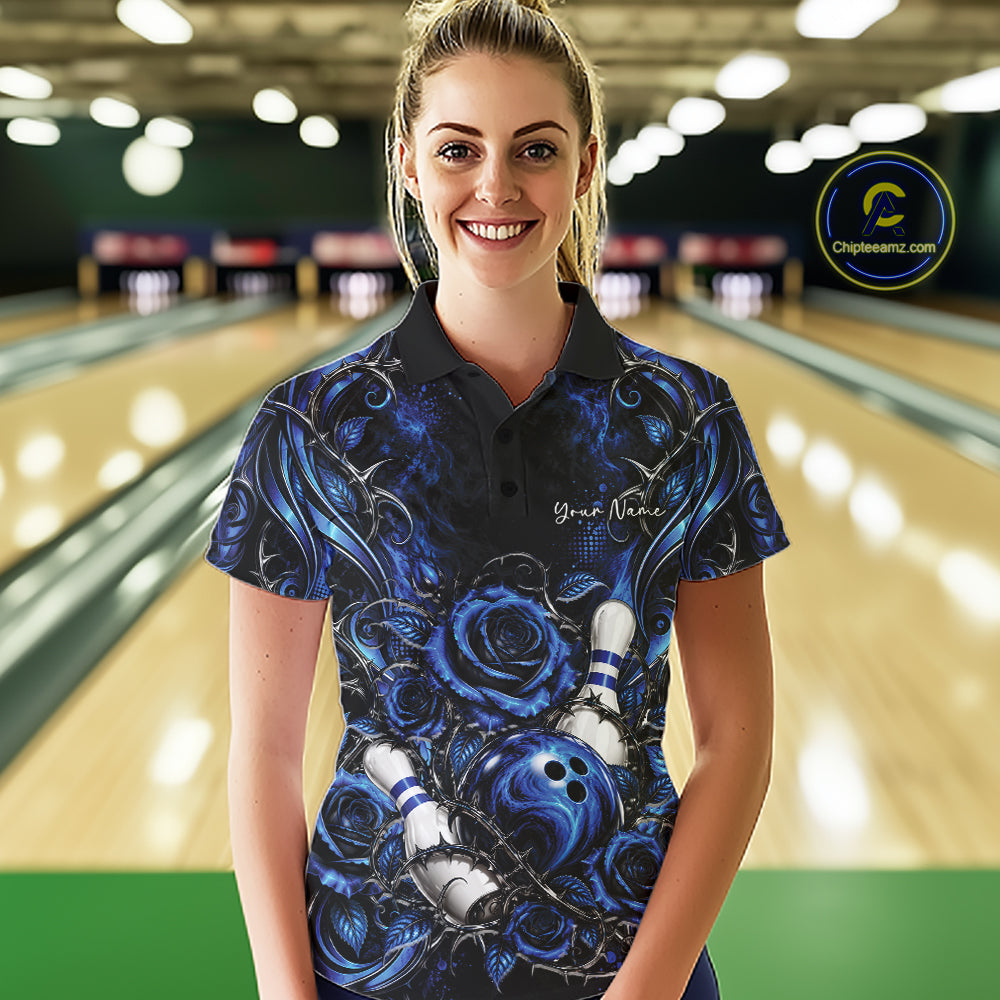 Personalized Blue Roses Bowling Team Jersey, Flower Bowling Women Polo Shirt Bowler Gift IPHW12233