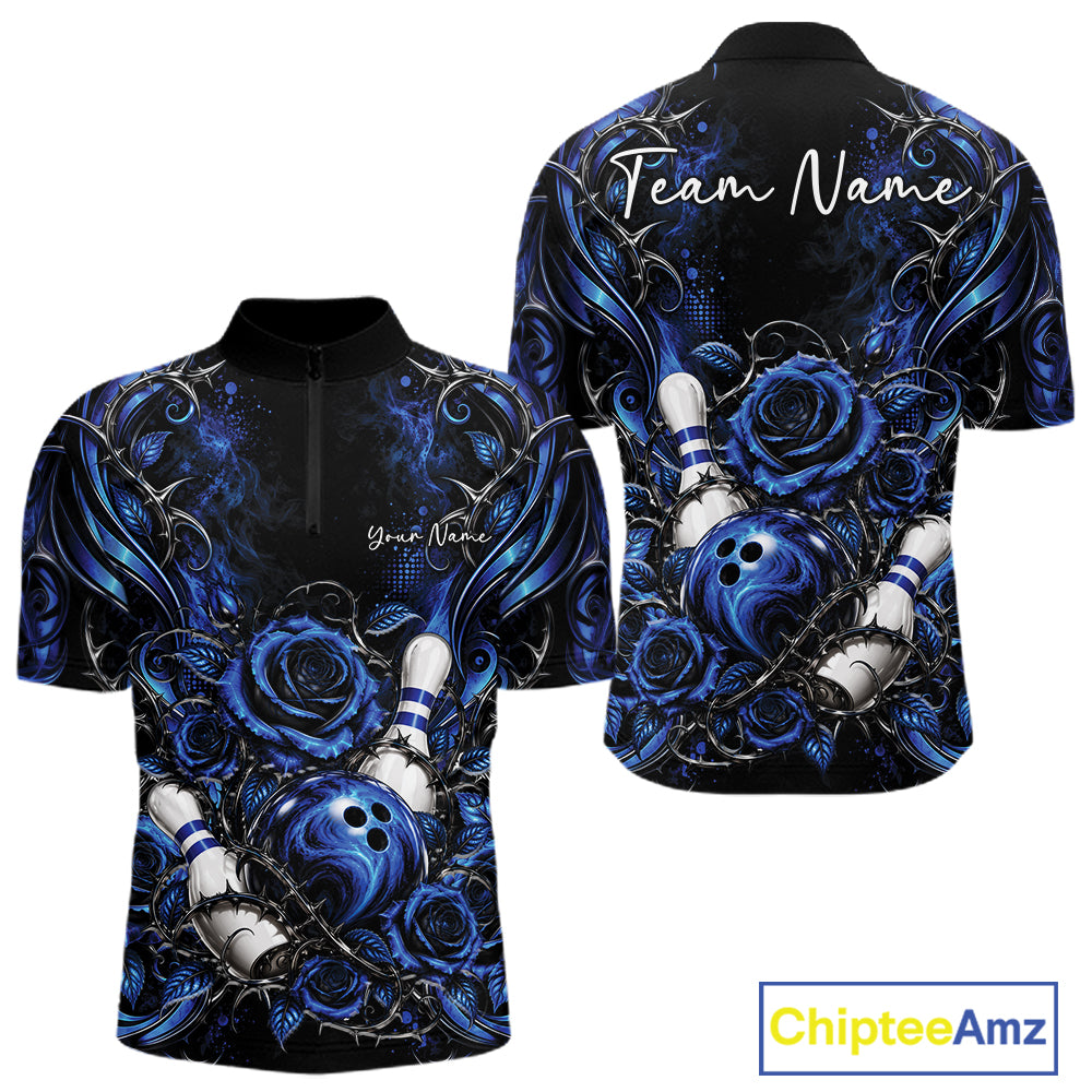Personalized Blue Roses Bowling Team Jersey, Flower Bowling Men Quarter Zip Shirt Bowler Gift IPHW12233