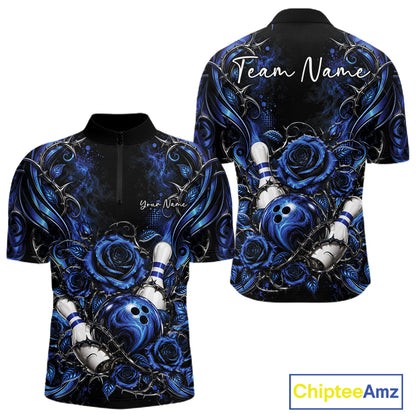 Personalized Blue Roses Bowling Team Jersey, Flower Bowling Men Quarter Zip Shirt Bowler Gift IPHW12233