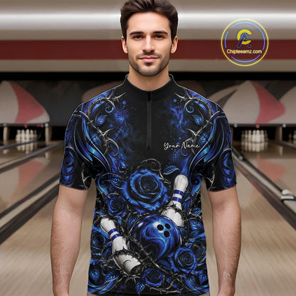 Personalized Blue Roses Bowling Team Jersey, Flower Bowling Men Quarter Zip Shirt Bowler Gift IPHW12233