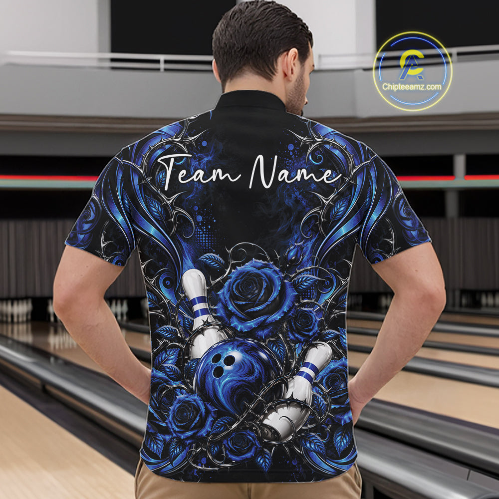 Personalized Blue Roses Bowling Team Jersey, Flower Bowling Men Quarter Zip Shirt Bowler Gift IPHW12233