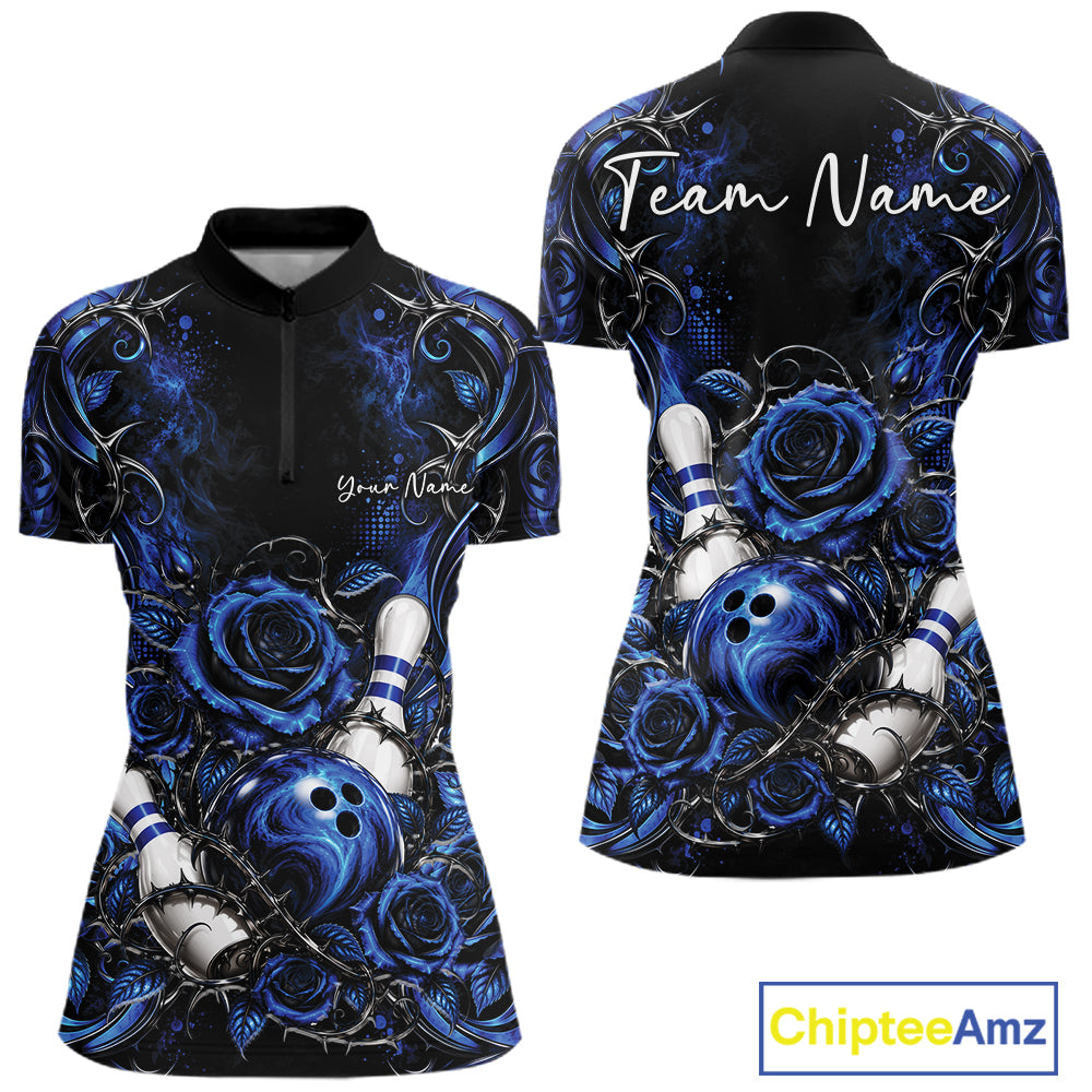 Personalized Blue Roses Bowling Jersey, Flower Bowling Women Quarter-Zip Shirt IPHW12233