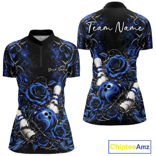 Personalized Blue Roses Bowling Jersey, Flower Bowling Women Quarter-Zip Shirt IPHW12233