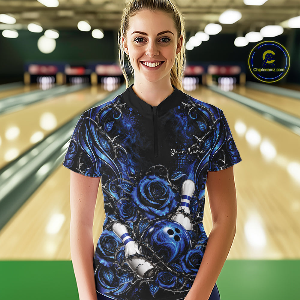 Personalized Blue Roses Bowling Jersey, Flower Bowling Women Quarter-Zip Shirt IPHW12233