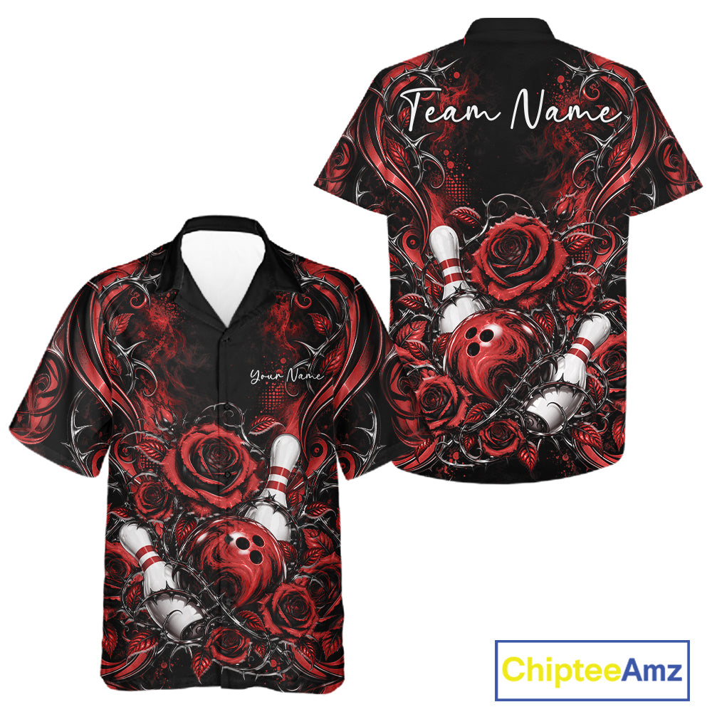 Personalized Red Roses Bowling Team Jersey, Flower Bowling Men And Women Button Up Shirt Bowler Gift IPHW12234