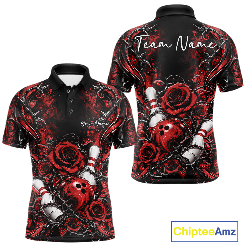 Personalized Red Roses Bowling Team Jersey, Flower Bowling Men Polo Shirt Bowler Gift IPHW12234