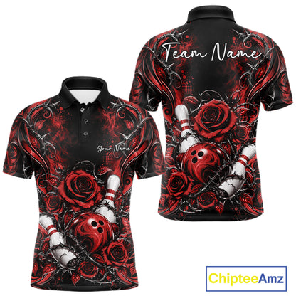 Personalized Red Roses Bowling Team Jersey, Flower Bowling Men Polo Shirt Bowler Gift IPHW12234