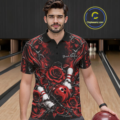 Personalized Red Roses Bowling Team Jersey, Flower Bowling Men Polo Shirt Bowler Gift IPHW12234