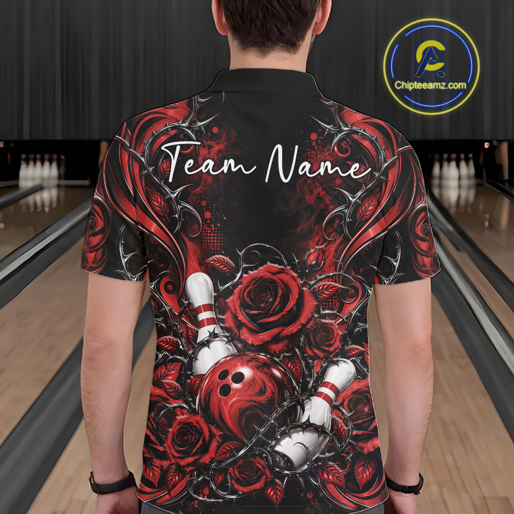 Personalized Red Roses Bowling Team Jersey, Flower Bowling Men Polo Shirt Bowler Gift IPHW12234