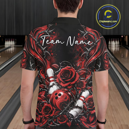 Personalized Red Roses Bowling Team Jersey, Flower Bowling Men Polo Shirt Bowler Gift IPHW12234