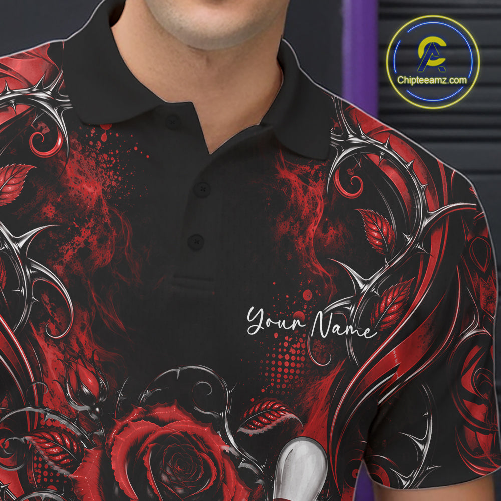 Personalized Red Roses Bowling Team Jersey, Flower Bowling Men Polo Shirt Bowler Gift IPHW12234