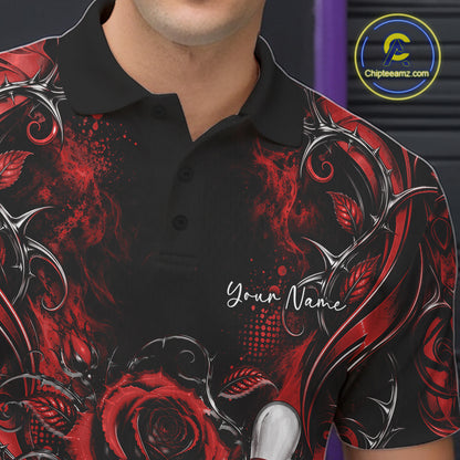 Personalized Red Roses Bowling Team Jersey, Flower Bowling Men Polo Shirt Bowler Gift IPHW12234
