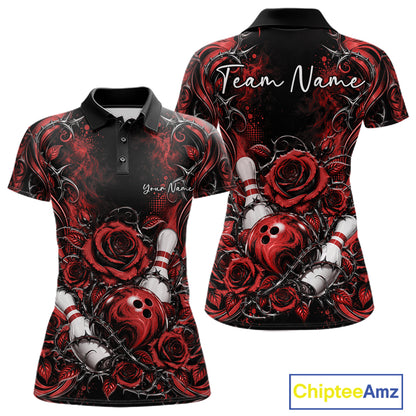 Personalized Red Roses Bowling Team Jersey, Flower Bowling Women Polo Shirt Bowler Gift IPHW12234