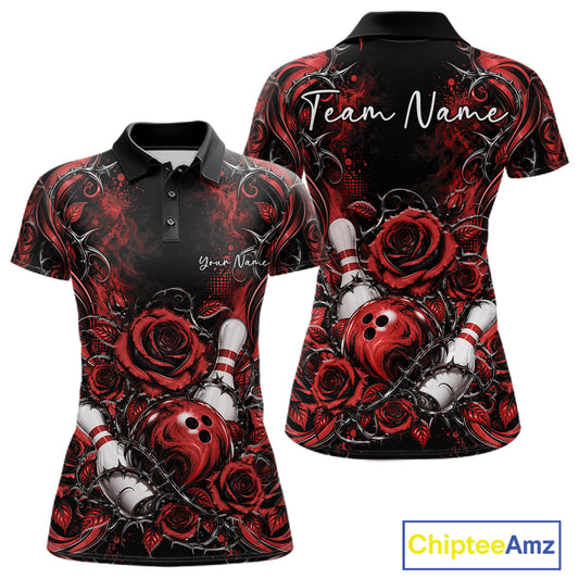 Personalized Red Roses Bowling Team Jersey, Flower Bowling Women Polo Shirt Bowler Gift IPHW12234