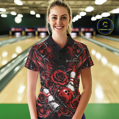 Personalized Red Roses Bowling Team Jersey, Flower Bowling Women Polo Shirt Bowler Gift IPHW12234