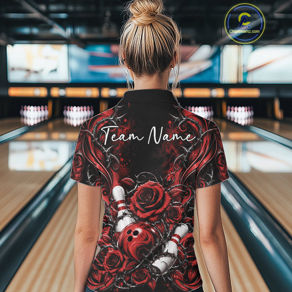 Personalized Red Roses Bowling Team Jersey, Flower Bowling Women Polo Shirt Bowler Gift IPHW12234