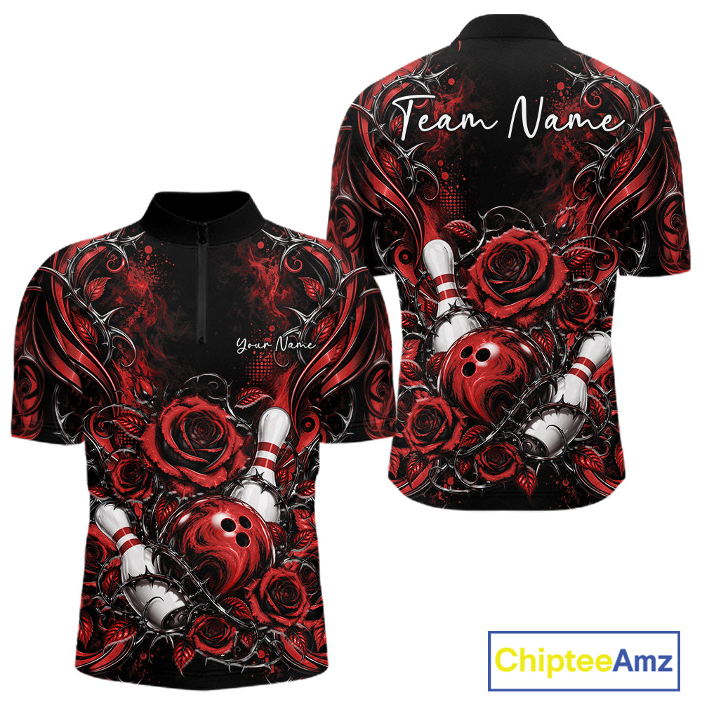Personalized Red Roses Bowling Team Jersey, Flower Bowling Men Quarter Zip Shirt Bowler Gift IPHW12234