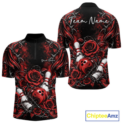 Personalized Red Roses Bowling Team Jersey, Flower Bowling Men Quarter Zip Shirt Bowler Gift IPHW12234