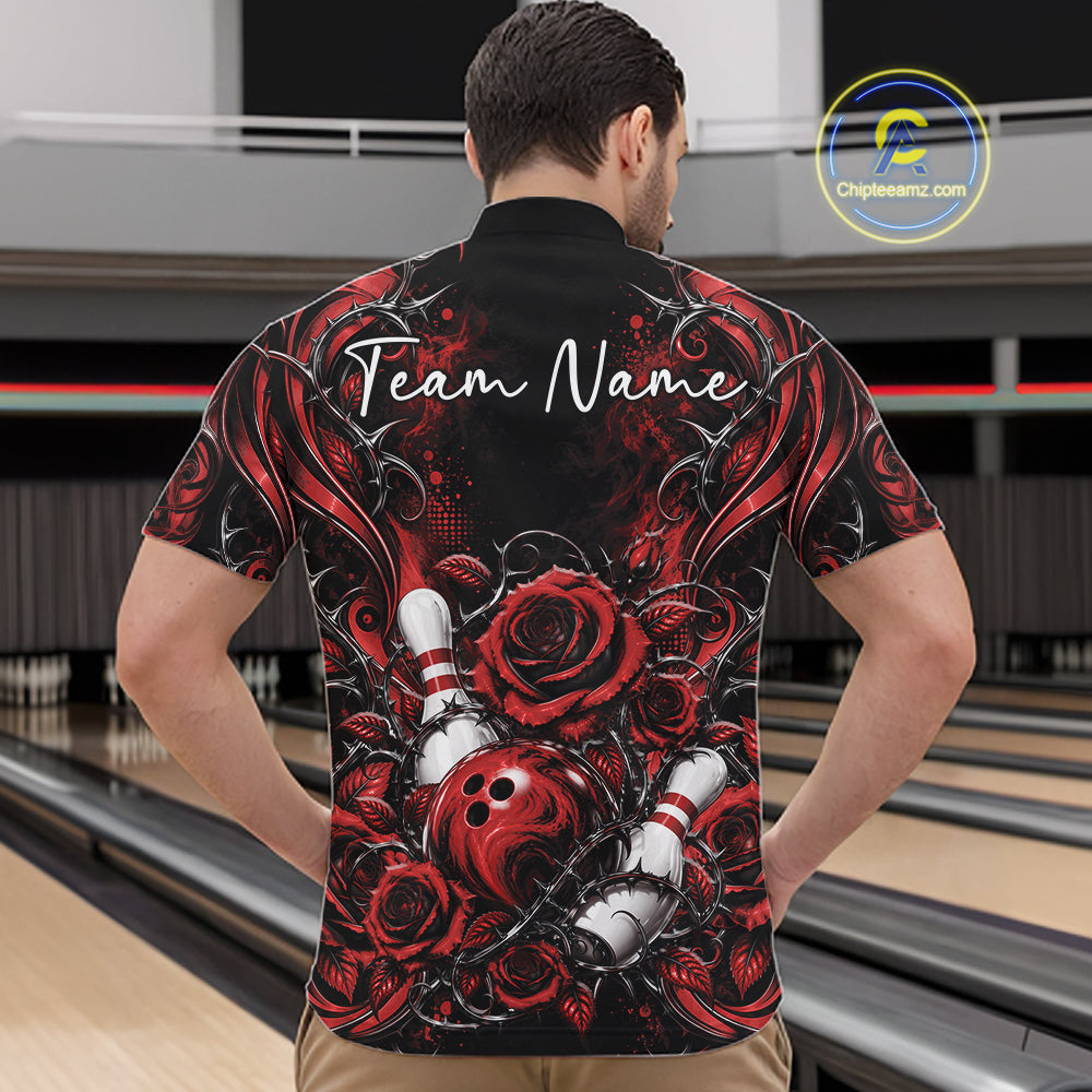 Personalized Red Roses Bowling Team Jersey, Flower Bowling Men Quarter Zip Shirt Bowler Gift IPHW12234