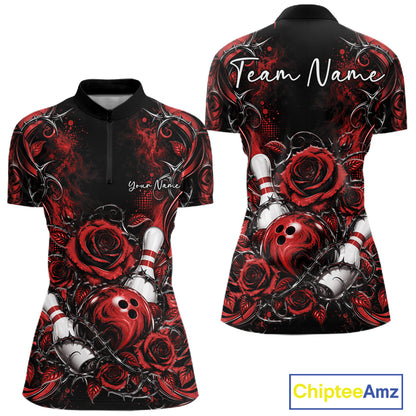 Personalized Red Roses Bowling Jersey, Flower Bowling Women Quarter-Zip Shirt IPHW12234
