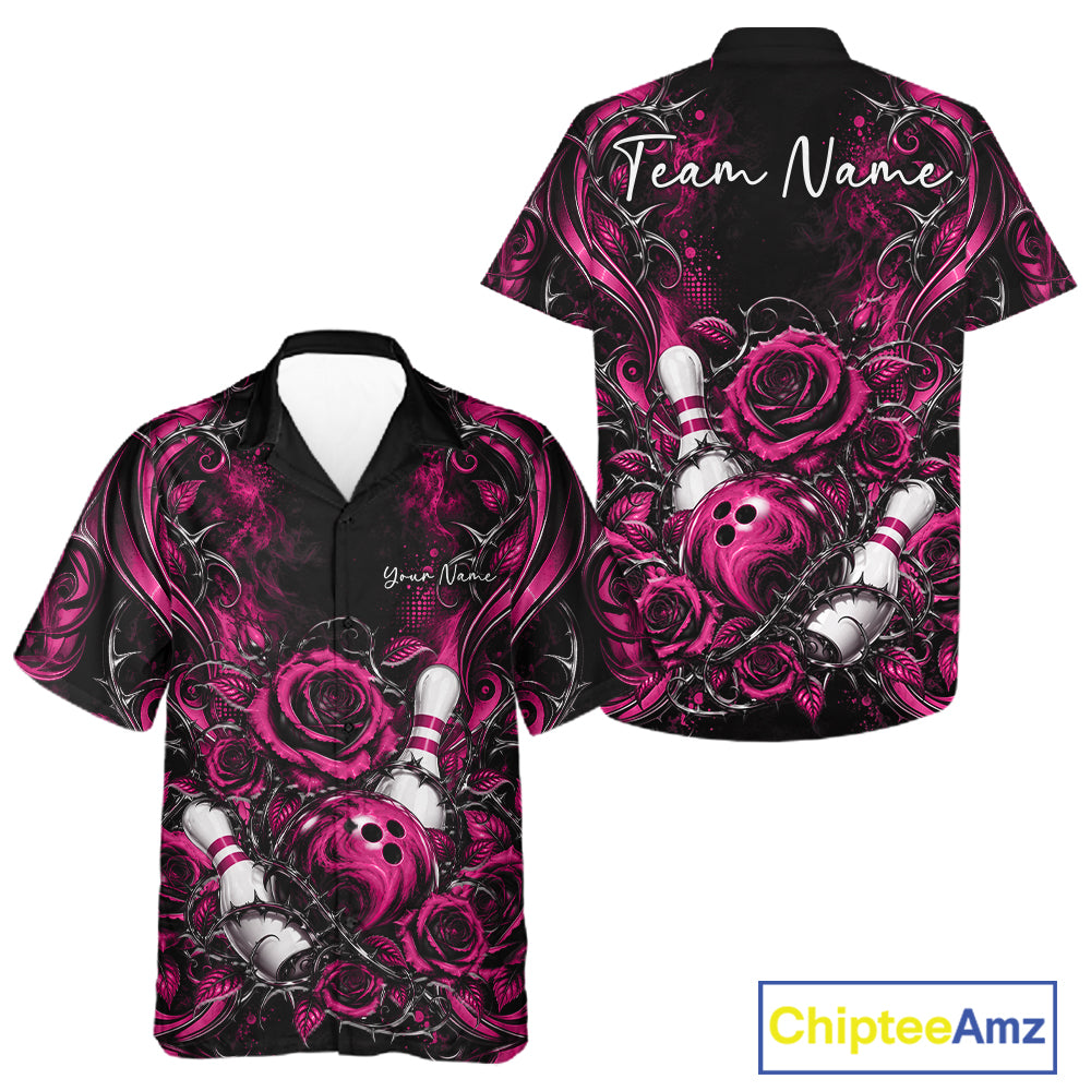 Personalized Pink Roses Bowling Team Jersey, Flower Bowling Men And Women Button Up Shirt Bowler Gift IPHW12235