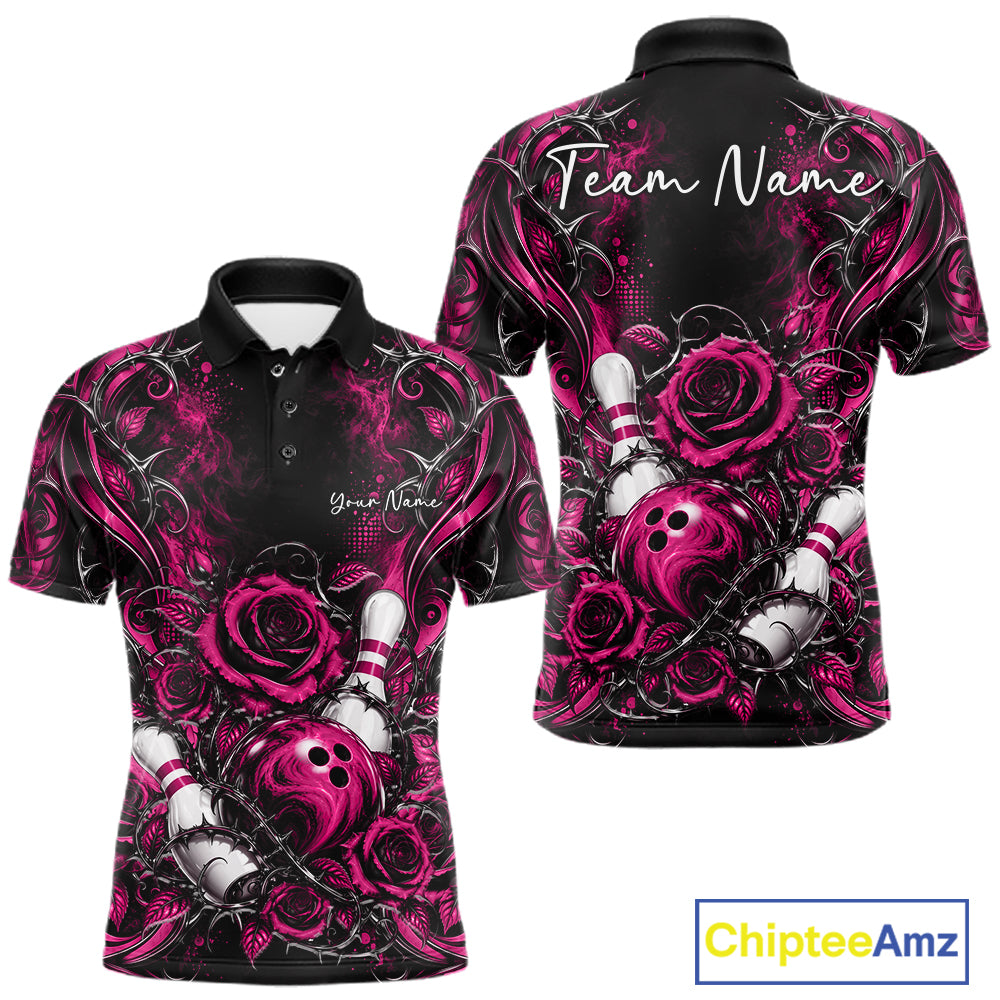 Personalized Pink Roses Bowling Team Jersey, Flower Bowling Men Polo Shirt Bowler Gift IPHW12235