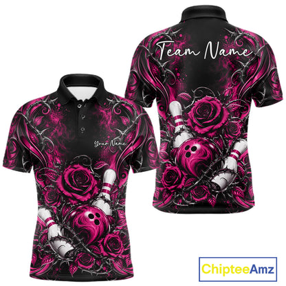 Personalized Pink Roses Bowling Team Jersey, Flower Bowling Men Polo Shirt Bowler Gift IPHW12235