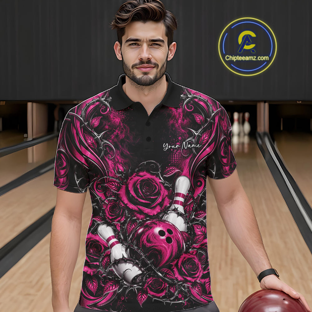 Personalized Pink Roses Bowling Team Jersey, Flower Bowling Men Polo Shirt Bowler Gift IPHW12235