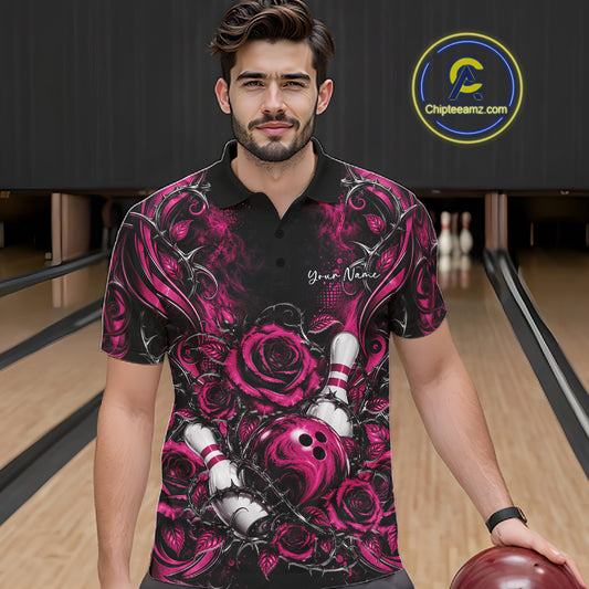 Personalized Pink Roses Bowling Team Jersey, Flower Bowling Men Polo Shirt Bowler Gift IPHW12235