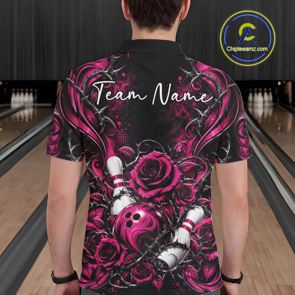 Personalized Pink Roses Bowling Team Jersey, Flower Bowling Men Polo Shirt Bowler Gift IPHW12235