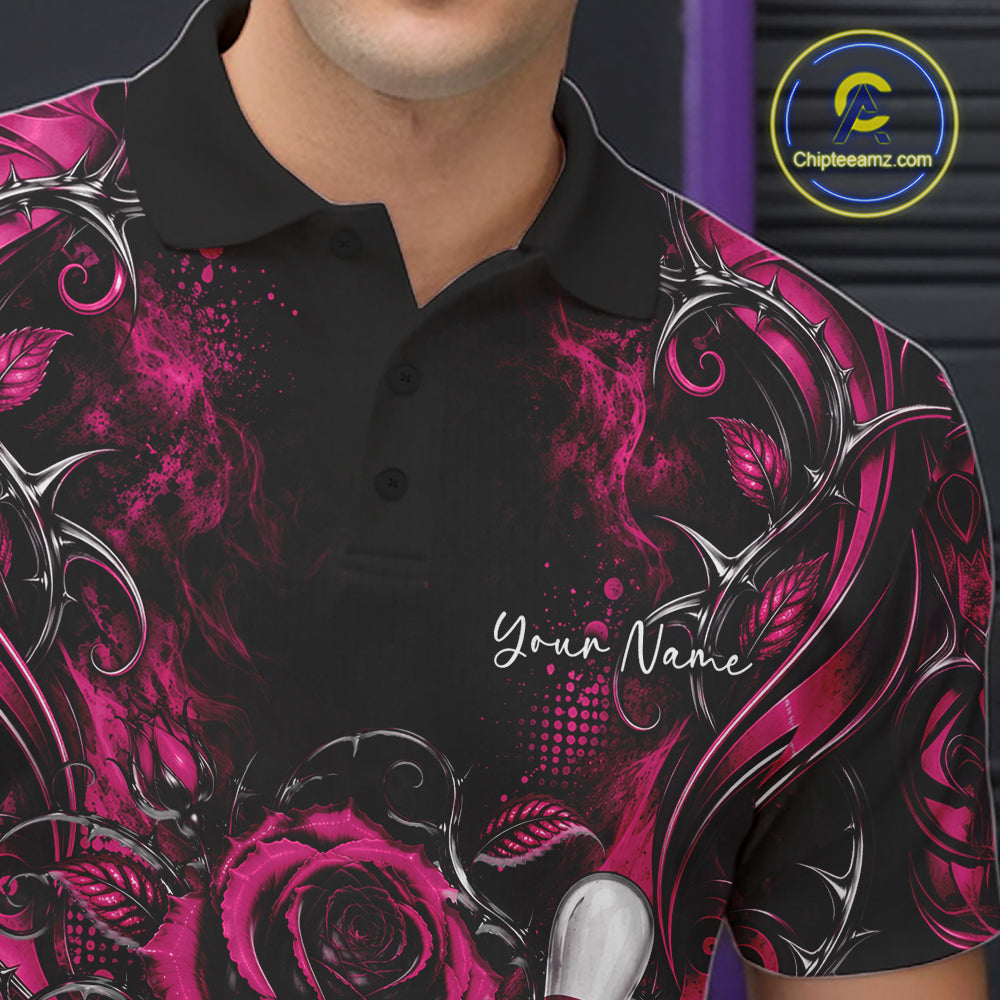 Personalized Pink Roses Bowling Team Jersey, Flower Bowling Men Polo Shirt Bowler Gift IPHW12235